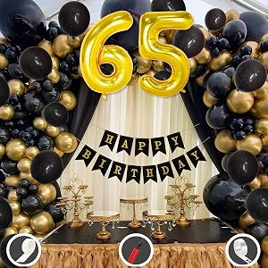 65th birthday decoration items for black and gold theme combination for boys girls  50 pcs black gold balloon  black birthday banner  balloon pump  arch tape  glue dots