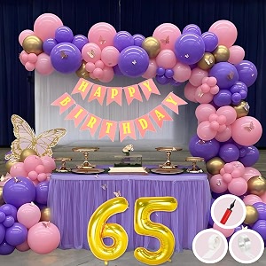65th birthday decoration items for pink and purple theme combination for girls princes  50 pcs pink purple gold balloon  pink birthday banner  balloon pump  arch tape  glue dots