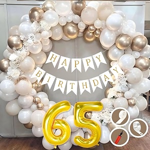 65th birthday decoration items for white and gold theme combination for boys girls  50 pc golden white orange balloon  white birthday banner  balloon pump  arch tape  glue dots