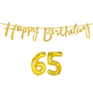65th happy birthday decoration kit golden for 65 year old women adults with number sixty-five decorations decor celebration items item set combo reusable cursive banner