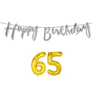 65th happy birthday decoration kit silver for 65 year old women with number sixty-five decorations decor celebration items item set combo reusable cursive banner