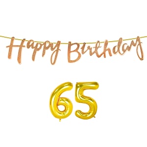 65th happy birthday decoration kit rose gold for 65 year old women with number sixty-five decorations decor celebration items item set combo reusable cursive banner