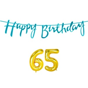 65th happy birthday decoration kit blue for 65 year old women adults with number sixty-five decorations decor celebration items item set combo reusable cursive banner