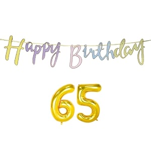 65th happy birthday decoration kit multicolour for 65 year old women multicolor with number sixty-five decorations decor items item set combo reusable cursive banner