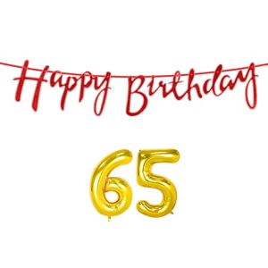 65th happy birthday decoration kit red for 65 year old women with number sixty-five decorations decor celebration items item set combo reusable cursive banner