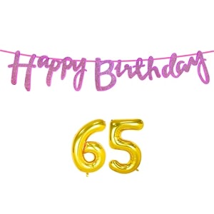 65th happy birthday decoration kit dark pink for 65 year old women with number sixty-five decorations decor celebration items item set combo reusable cursive banner