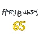 65th Happy Birthday Decoration Kit Black for 65 Year Old Women Adults with Number Sixty-five Decorations Decor Celebration Items Item Set Combo Reusable Cursive Banner