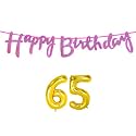 65th Happy Birthday Decoration Kit Dark Pink for 65 Year Old Women with Number Sixty-five Decorations Decor Celebration Items Item Set Combo Reusable Cursive Banner