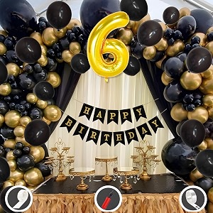 6th birthday decoration items for black and gold theme combination for boys girls  50 pcs black gold balloon  black birthday banner  balloon pump  arch tape  glue dots