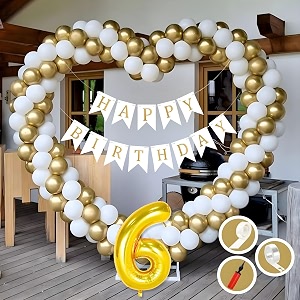 6th birthday decoration items for golden and white theme combination for boys girls  50 pcs gold white balloon  white birthday banner  balloon pump  arch tape  glue dots