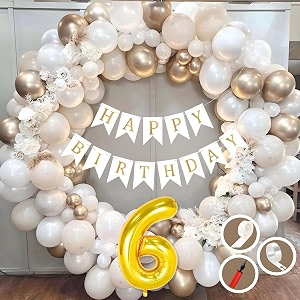 6th birthday decoration items for white and gold theme combination for boys girls  50 pc golden white orange balloon  white birthday banner  balloon pump  arch tape  glue dots