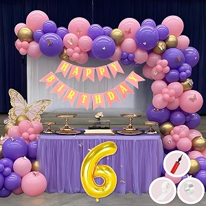 6th birthday decoration items for pink and purple theme combination for girls princes  50 pcs pink purple gold balloon  pink birthday banner  balloon pump  arch tape  glue dots