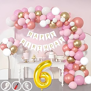 6th birthday decoration items for pink and white theme combination for girls 50 pcs pink white gold rose gold balloon white birthday banner balloon pump arch tape glue dots