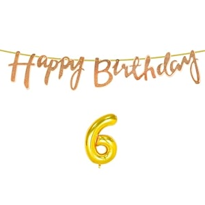6th happy birthday decoration kit rose gold for 6 year old boys girls kids with number six decorations decor celebration items item set combo reusable cursive banner