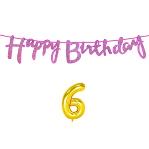 6th happy birthday decoration kit dark pink for 6 year old boys girls kids with number six decorations decor celebration items item set combo reusable cursive banner