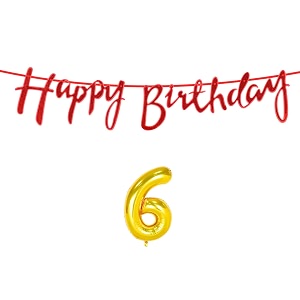 6th happy birthday decoration kit red for 6 year old boys girls kids with number six decorations decor celebration items item set combo reusable cursive banner