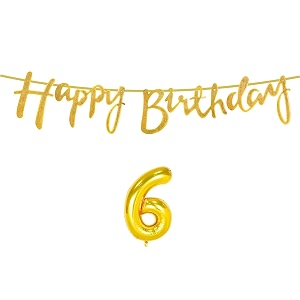 6th happy birthday decoration kit golden for 6 year old boys girls kids with number six decorations decor celebration items item set combo reusable cursive banner