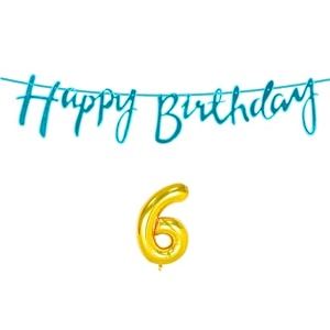 6th happy birthday decoration kit blue for 6 year old boys girls kids with number six decorations decor celebration items item set combo reusable cursive banner