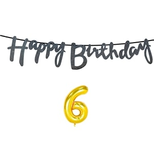 6th happy birthday decoration kit black for 6 year old boys girls kids with number six decorations decor celebration items item set combo reusable cursive banner