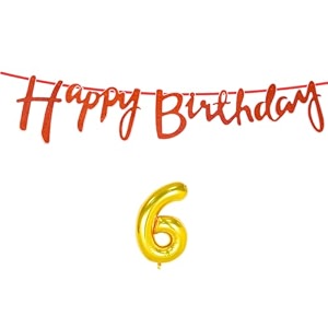 6th happy birthday decoration kit orange for 6 year old boys girls kids with number six decorations decor celebration items item set combo reusable cursive banner