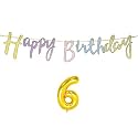 6th Happy Birthday Decoration Kit Multicolour for 6 Year Old Boys Girls Kids Multicolor with Number Six Decorations Decor Items Item Set Combo Reusable Cursive Banner