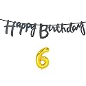6th Happy Birthday Decoration Kit Black for 6 Year Old Boys Girls Kids with Number Six Decorations Decor Celebration Items Item Set Combo Reusable Cursive Banner
