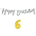 6th Happy Birthday Decoration Kit Silver for 6 Year Old Boys Girls Kids with Number Six Decorations Decor Celebration Items Item Set Combo Reusable Cursive Banner