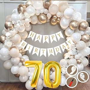 70th birthday decoration items for white and gold theme combination for boys girls  50 pc golden white orange balloon  white birthday banner  balloon pump  arch tape  glue dots