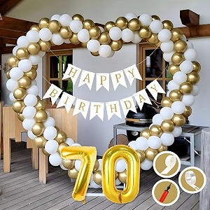 70th birthday decoration items for golden and white theme combination for boys girls  50 pcs gold white balloon  white birthday banner  balloon pump  arch tape  glue dots