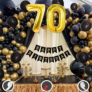 70th birthday decoration items for black and gold theme combination for boys girls  50 pcs black gold balloon  black birthday banner  balloon pump  arch tape  glue dots