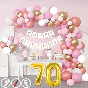 70th birthday decoration items for pink and white theme combination for girls 50 pcs pink white gold rose gold balloon white birthday banner balloon pump arch tape glue dots