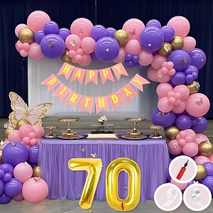 70th birthday decoration items for pink and purple theme combination for girls princes  50 pcs pink purple gold balloon  pink birthday banner  balloon pump  arch tape  glue dots