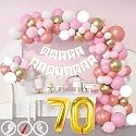 70th Birthday Decoration Items for Pink and White Theme Combination for Girls| 50 Pcs Pink White Gold Rose Gold Balloon| White Birthday Banner| Balloon Pump| Arch Tape| Glue Dots