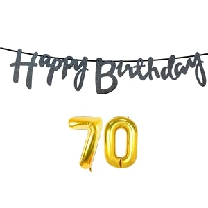 70th happy birthday decoration kit black for 70 year old women adults with number seventy decorations decor celebration items item set combo reusable cursive banner