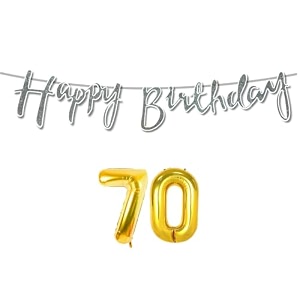 70th happy birthday decoration kit silver for 70 year old women with number seventy decorations decor celebration items item set combo reusable cursive banner