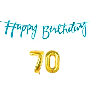 70th happy birthday decoration kit blue for 70 year old women adults with number seventy decorations decor celebration items item set combo reusable cursive banner