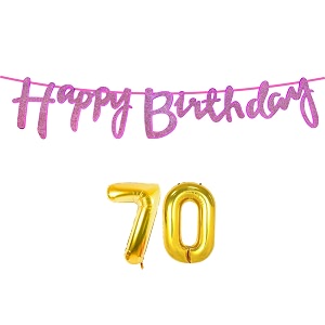 70th happy birthday decoration kit dark pink for 70 year old women with number seventy decorations decor celebration items item set combo reusable cursive banner