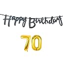 70th Happy Birthday Decoration Kit Black for 70 Year Old Women Adults with Number Seventy Decorations Decor Celebration Items Item Set Combo Reusable Cursive Banner