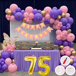 75th birthday decoration items for pink and purple theme combination for girls princes  50 pcs pink purple gold balloon  pink birthday banner  balloon pump  arch tape  glue dots