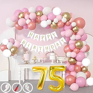 75th birthday decoration items for pink and white theme combination for girls 50 pcs pink white gold rose gold balloon white birthday banner balloon pump arch tape glue dots