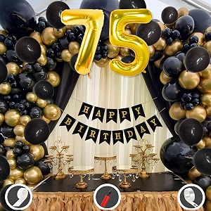 75th birthday decoration items for black and gold theme combination for boys girls  50 pcs black gold balloon  black birthday banner  balloon pump  arch tape  glue dots