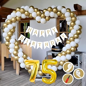 75th birthday decoration items for golden and white theme combination for boys girls  50 pcs gold white balloon  white birthday banner  balloon pump  arch tape  glue dots