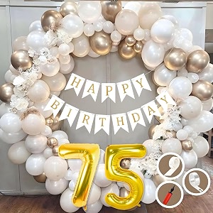 75th birthday decoration items for white and gold theme combination for boys girls  50 pc golden white orange balloon  white birthday banner  balloon pump  arch tape  glue dots