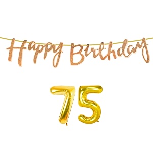 75th happy birthday decoration kit rose gold for 75 year old women with number seventy-five decorations decor celebration items item set combo reusable cursive banner
