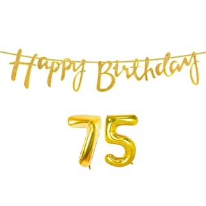 75th happy birthday decoration kit golden for 75 year old women adults with number seventy-five decorations decor celebration items item set combo reusable cursive banner