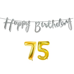 75th happy birthday decoration kit silver for 75 year old women with number seventy-five decorations decor celebration items item set combo reusable cursive banner