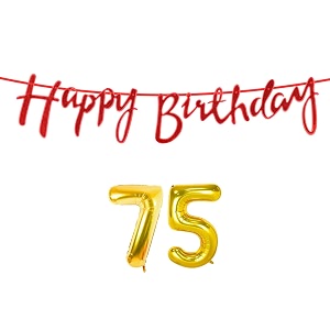 75th happy birthday decoration kit red for 75 year old women with number seventy-five decorations decor celebration items item set combo reusable cursive banner