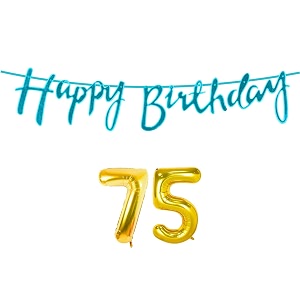 75th happy birthday decoration kit blue for 75 year old women adults with number seventy-five decorations decor celebration items item set combo reusable cursive banner