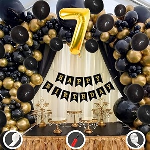 7th birthday decoration items for black and gold theme combination for boys girls  50 pcs black gold balloon  black birthday banner  balloon pump  arch tape  glue dots