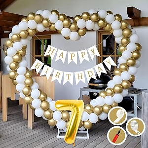 7th birthday decoration items for golden and white theme combination for boys girls  50 pcs gold white balloon  white birthday banner  balloon pump  arch tape  glue dots